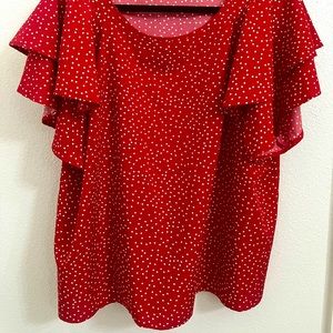 Red polka dot blouse from Shein with frilled oversized sleeves